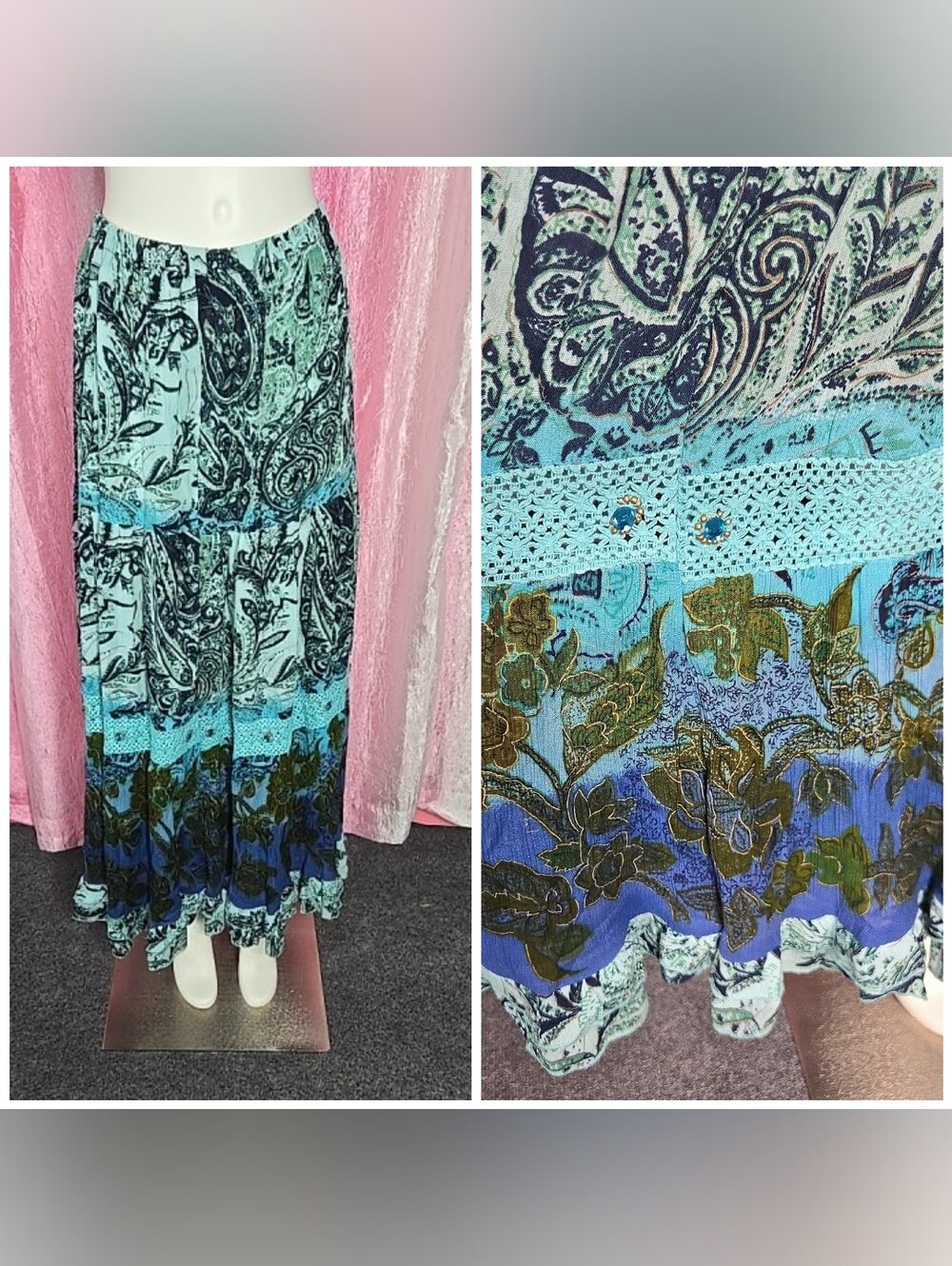 Forbidden LA Boho Turquoise Paisley Crochet Beads Layered Maxi Skirt Size Medium